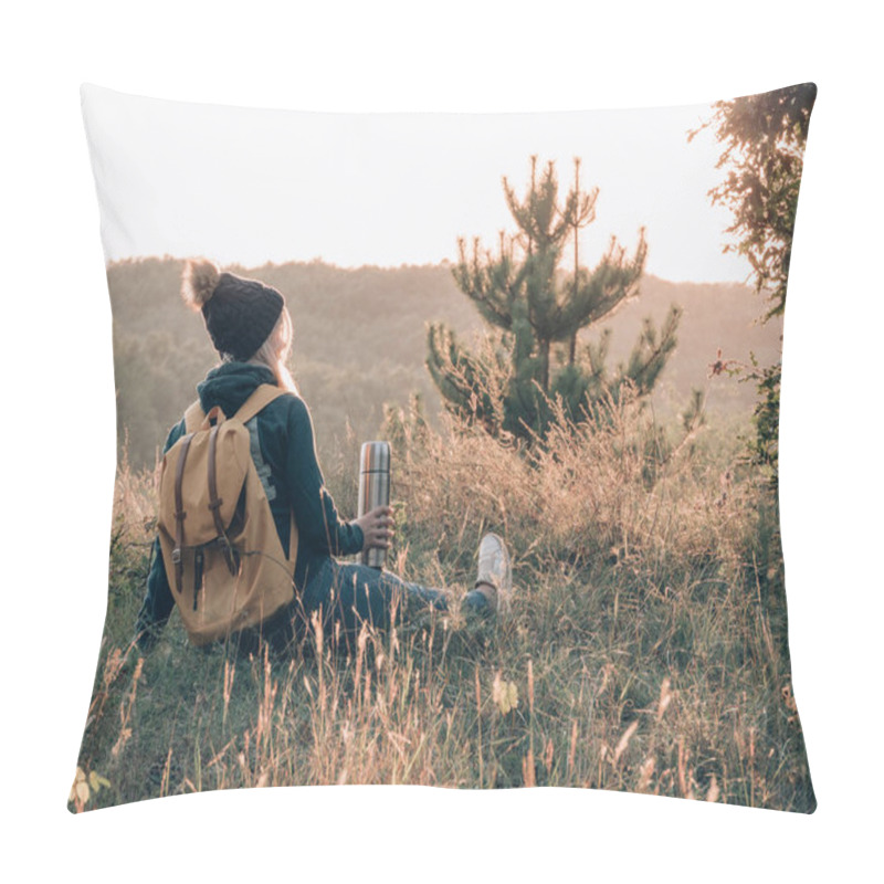 Personality  Traveler Woman Resting Outdoor At Sunset. Pillow Covers