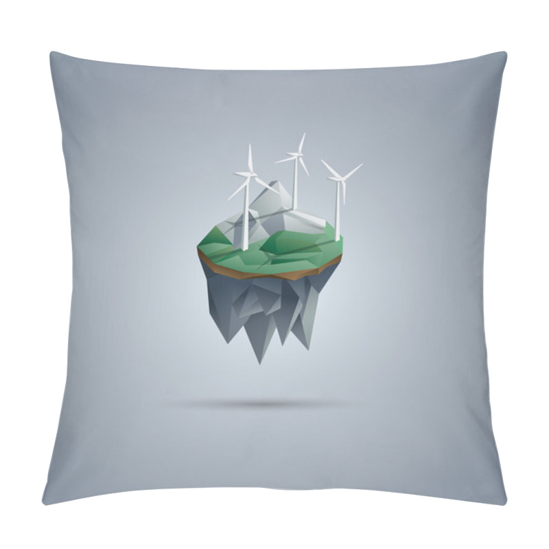 Personality  Wind Turbines On Low Poly Floating Island. Renewable Energy Environment Symbol In Modern Polygonal Design. Pillow Covers