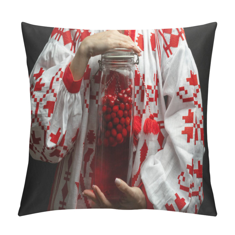 Personality  Woman In Ukrainian Traditional Vishivanka Dress Holding Traditional Infused Cranberries Spirit - Nalyvka Pillow Covers