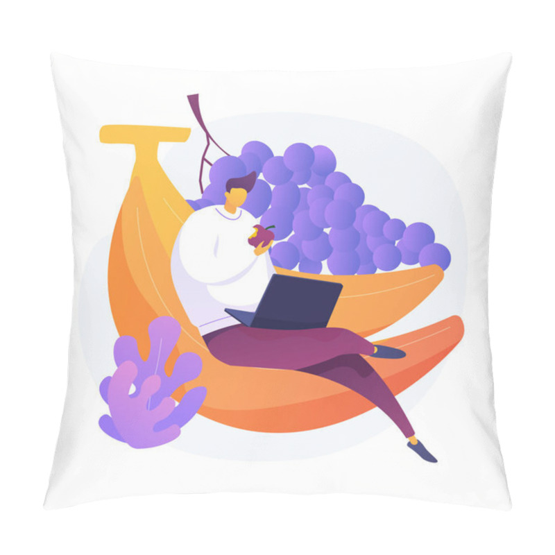 Personality  Organic Fruits Eating. Healthy Snack, Fruitarian Diet, Lunch Break. Male Freelancer Cartoon Character Eating Apple. Fresh Natural Bananas And Grapes. Vector Isolated Concept Metaphor Illustration. Pillow Covers