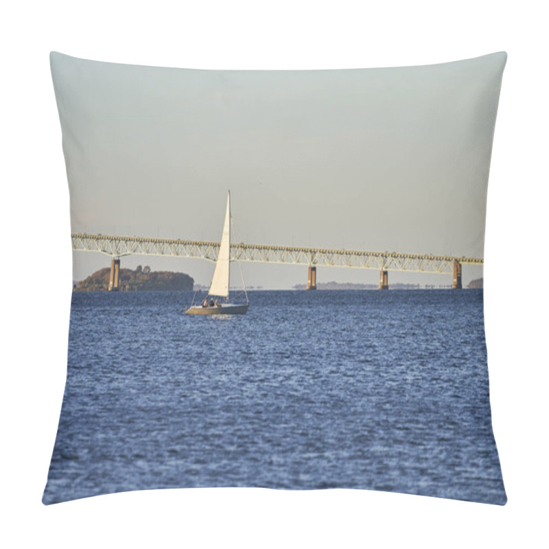 Personality  A Sailboat Navigates Past The Claiborne Pell Newport Bridge In Beautiful Blue Ocean Water. Pillow Covers