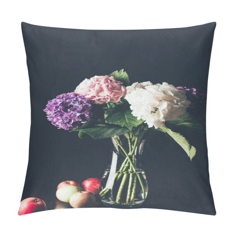 Personality  Pink, White And Purple Bloom In Glass Vase With Apples, On Black Pillow Covers