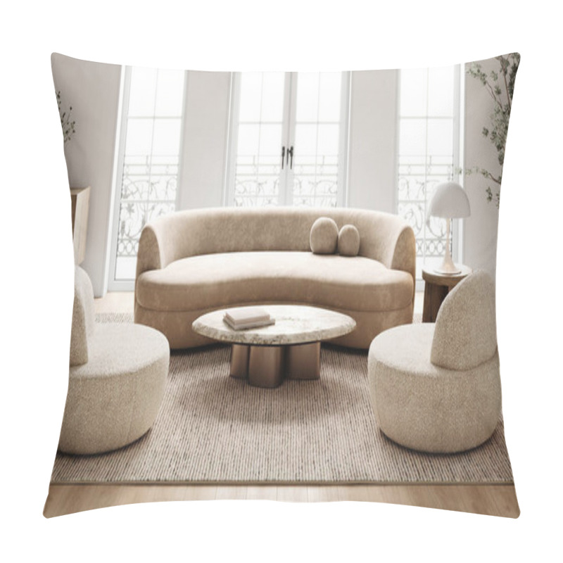 Personality  An Expansive Boho Chic Living Room, Basking In Natural Light, Featuring A Curved Sofa And Stylish Marble Coffee Table. 3d Render Pillow Covers