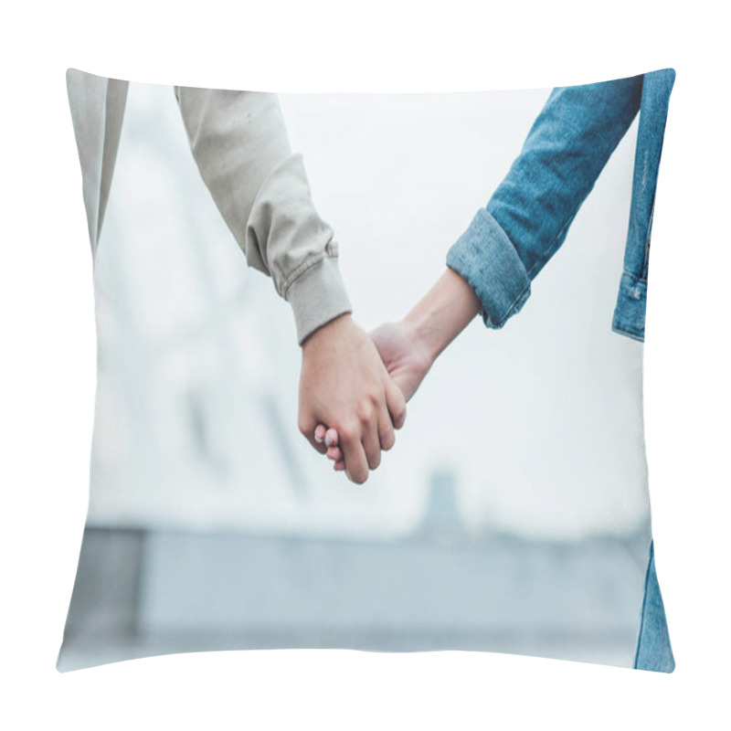 Personality  Cropped Shot Of Couple Holding Hands On Street On Cloudy Day Pillow Covers