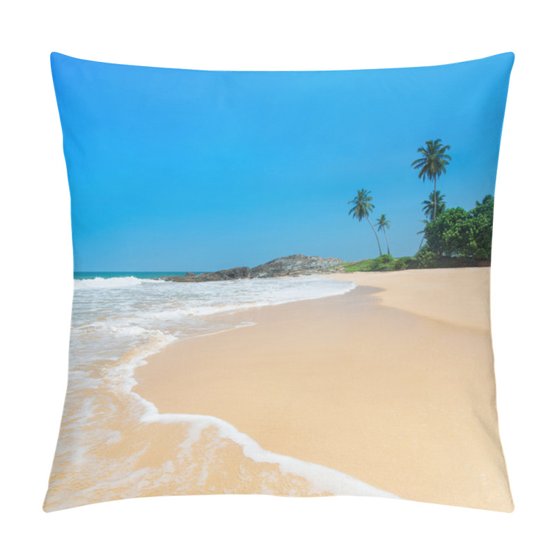 Personality  Beach With Waves Against Rock And Palm Trees In Sunny Day Pillow Covers