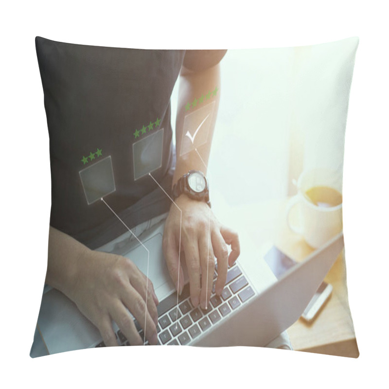 Personality  Businessman Pressing Rating Or Ranking Choice On The Keyboard, Concept Of Classification And Evaluation Pillow Covers