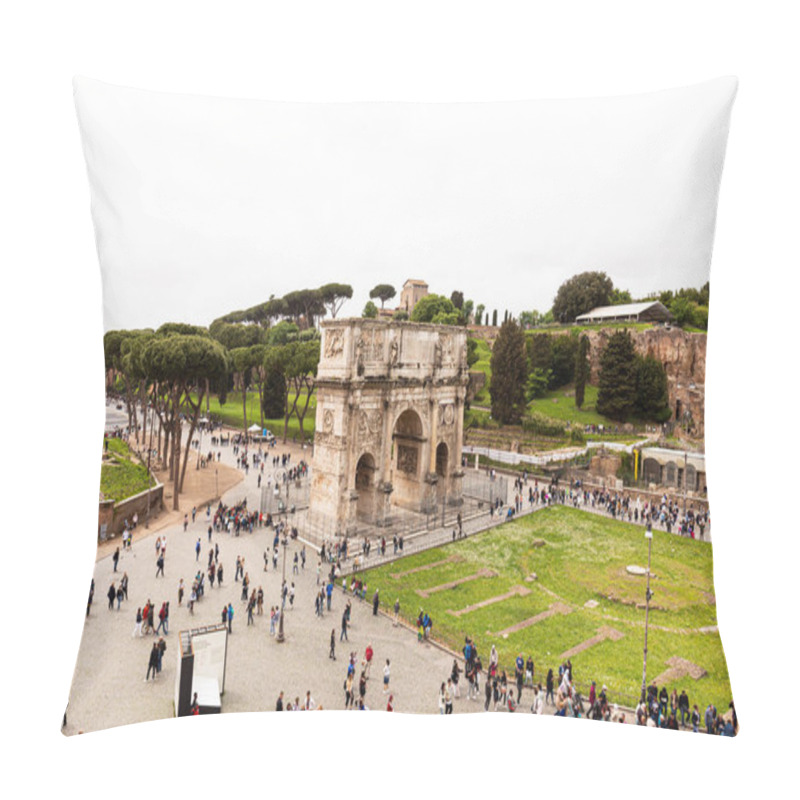 Personality  ROME, ITALY - JUNE 28, 2019: Crowd Of Tourists In Square Near Arch Of Constantine Under Grey Sky Pillow Covers