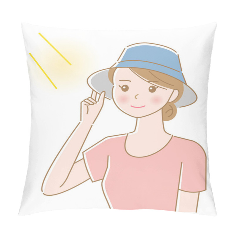 Personality  Ultraviolet Rays And Young Woman With Hat. Uv Protection And Health Care Concept Pillow Covers