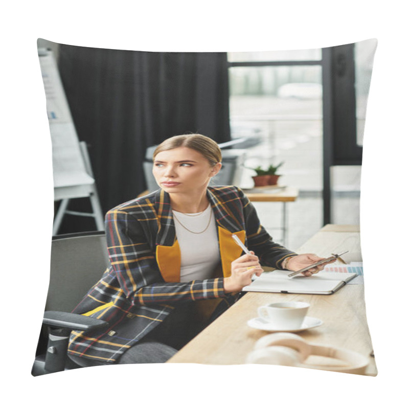 Personality  Attractive Young Woman Deep In Thought At Her Modern Office Desk, Surrounded By A Sleek Environment. Pillow Covers