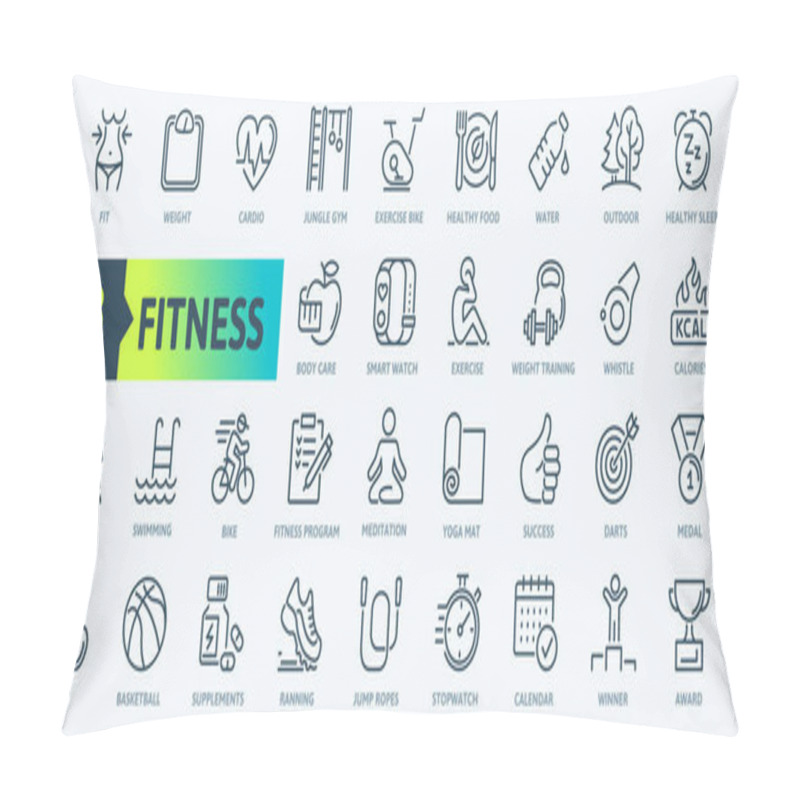 Personality  Web Set Of Fittness Vector Thin Line Icons. Contains Such Icons As Healthy Lifestyle, Weight Training, Body Care And More. Outline Icons Collection. Simple Vector Illustration. Pillow Covers