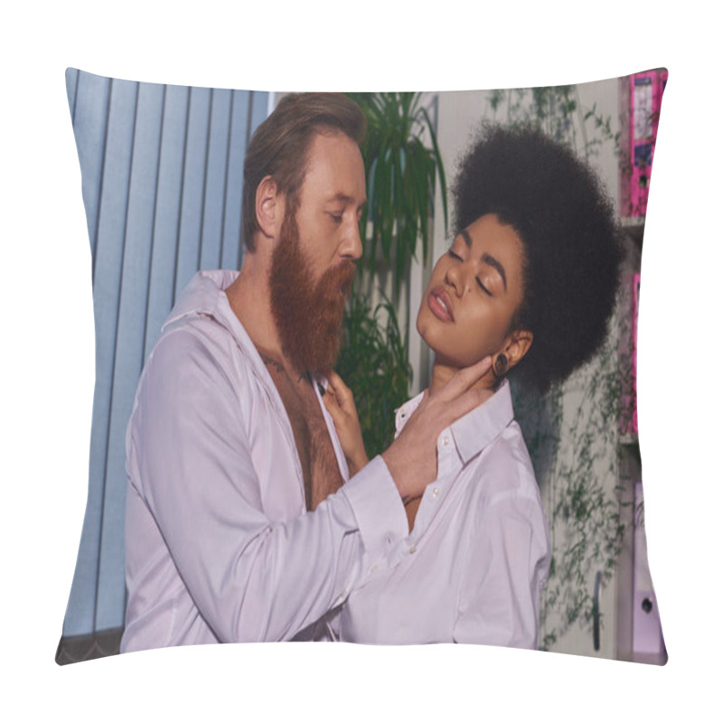 Personality  Bearded Tattooed Businessman Embracing Neck Of Hot African American Woman With Closed Eyes In Office Pillow Covers