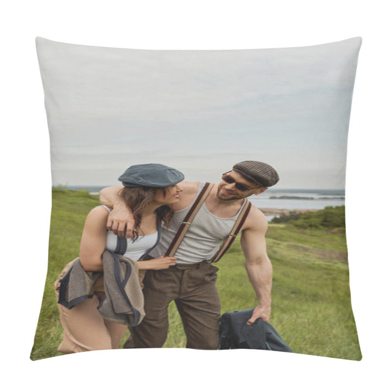 Personality  Smiling And Trendy Man In Sunglasses Hugging Brunette Girlfriend In Newsboy Cap And Suspenders And Spending Time On Blurred Grassy Field With Cloudy Sky At Background, Stylish Partners In Rural Escape Pillow Covers