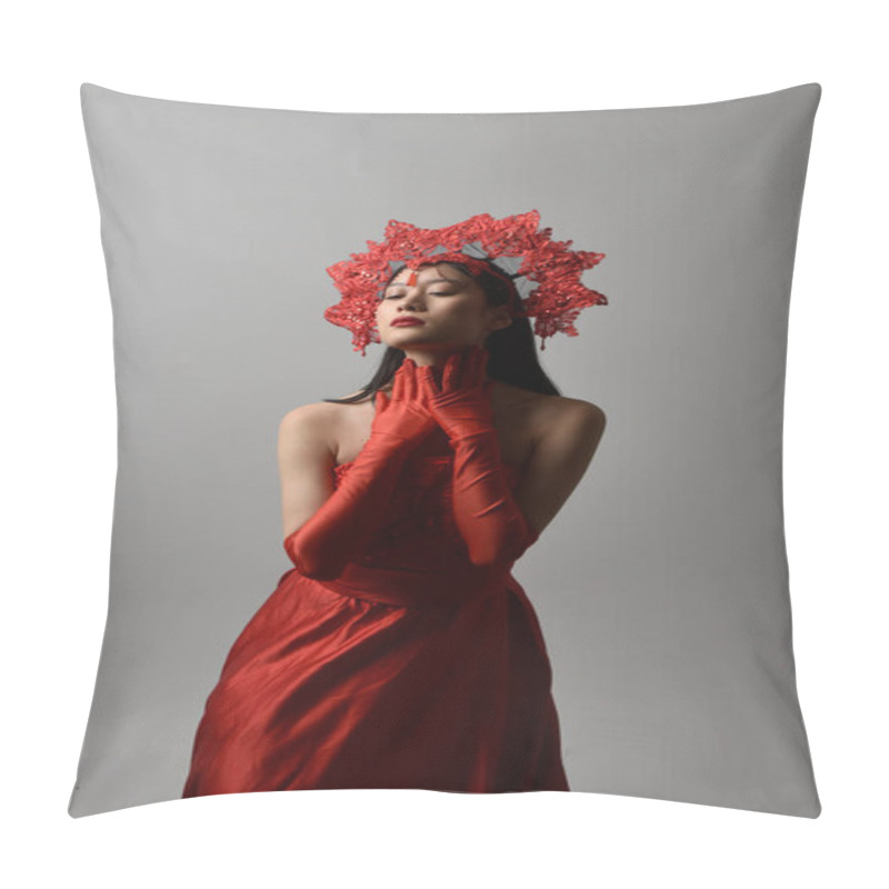 Personality  Close Up Portrait Of Beautiful Young Asian Woman Wearing Red Corset, Long Opera Gloves And Ornate Crown Headdress. Gestural Hand Poses Isolated On Light Studio Background. Pillow Covers