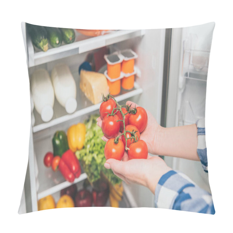 Personality  Cropped View Of Woman Holding Tomatoes Near Open Fridge With Fresh Food On Shelves Pillow Covers