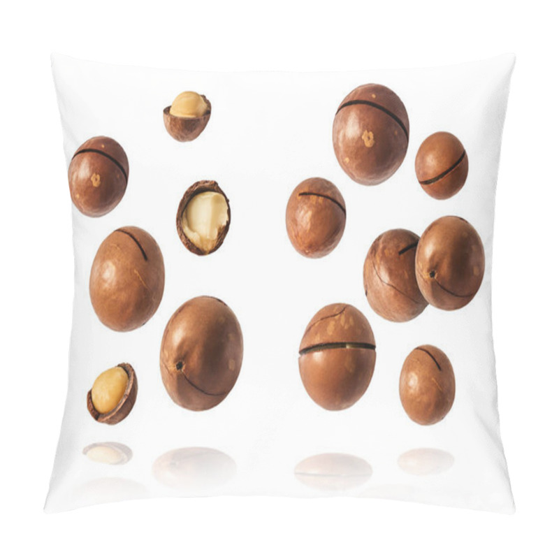 Personality  A Set With Fresh Tasty Macadamia Nuts Falling In The Air Isolated On White Background. Food Levitation Concept. High Resolution Image. Pillow Covers