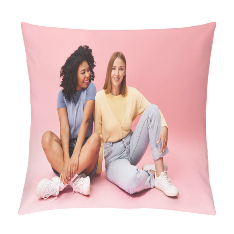 Personality  Two Diverse Women Sitting On The Ground, Legs Crossed. Pillow Covers