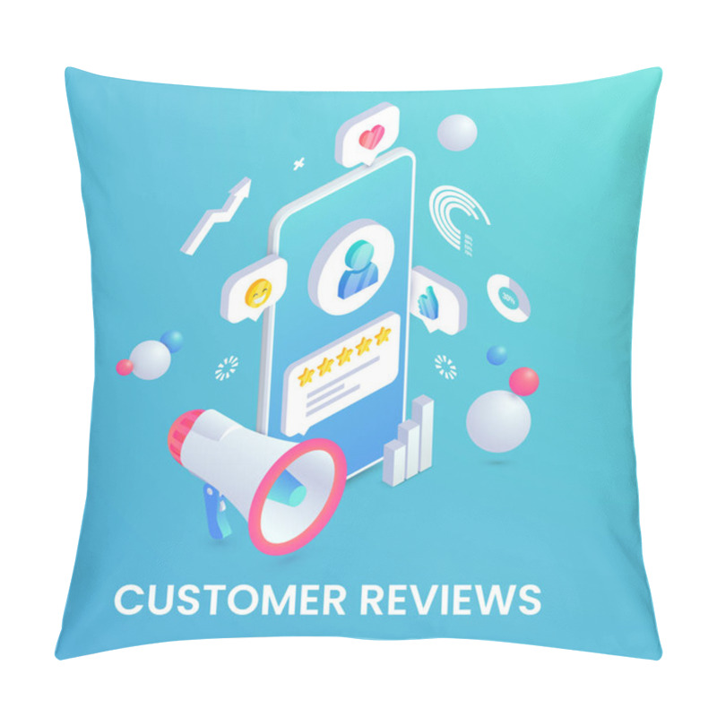 Personality  Customer Review Banner. Feedback Trendy Isometric 3d Concept. User Icon And Product Positive Comment On Smartphone Screen, Loudspeacker And Graphs. Social Media Digital Marketing Vector Illustration. Pillow Covers