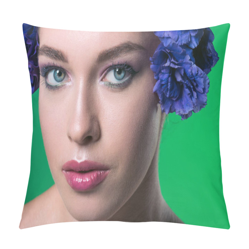 Personality  Close-up Portrait Of Beautiful Young Woman With Eustoma Flowers On Head Looking At Camera Isolated On Green Pillow Covers