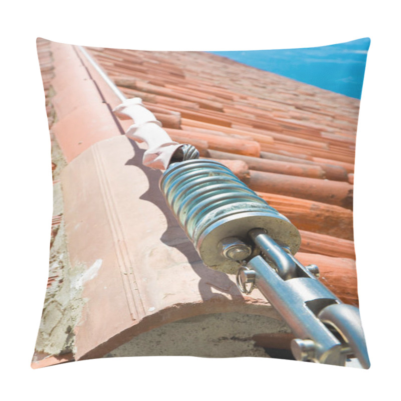 Personality  Horizontal Lifeline Fall Protection System With Inox Stainless Cable On Terracotta Roof Used To Prevent The Danger Of Falling Pillow Covers