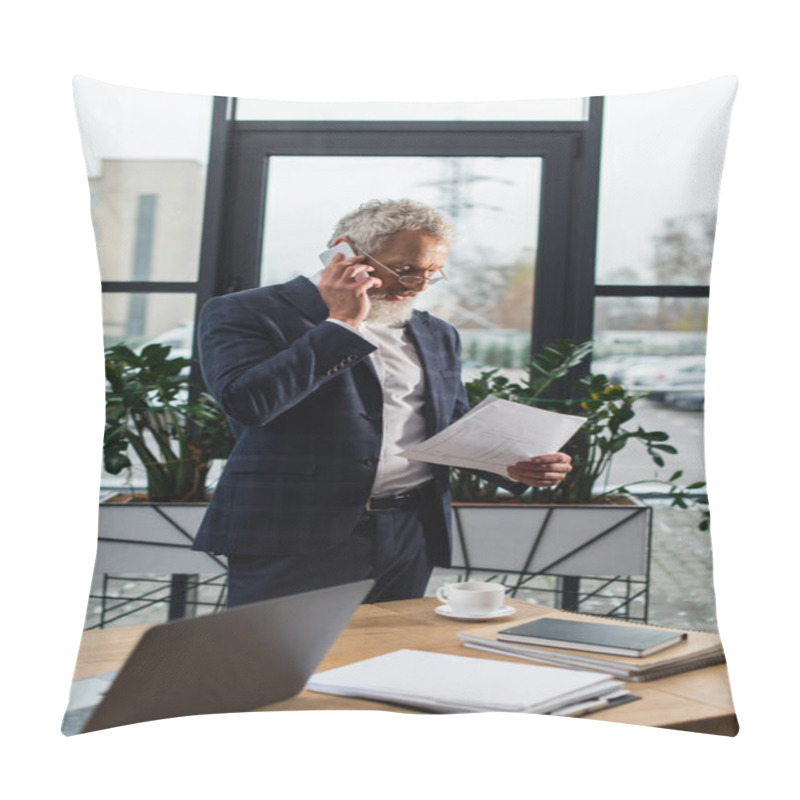 Personality  Mature Businessman Talking On Smartphone And Holding Blueprint Near Coffee In Office  Pillow Covers