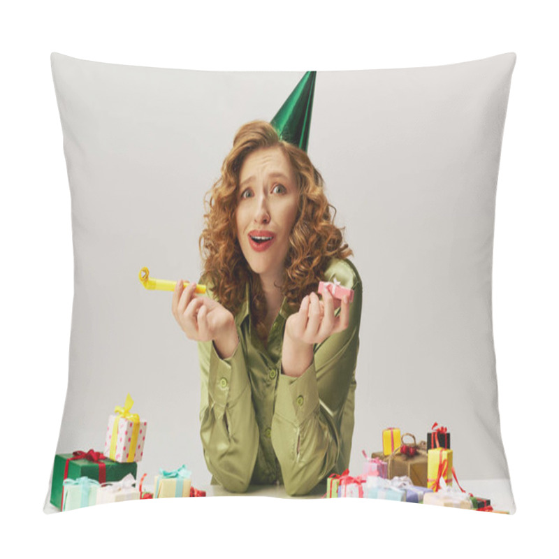 Personality  A Young Woman With Curly Hair Enthusiastically Posing Cheerfully At A Festive Party Atmosphere. Pillow Covers