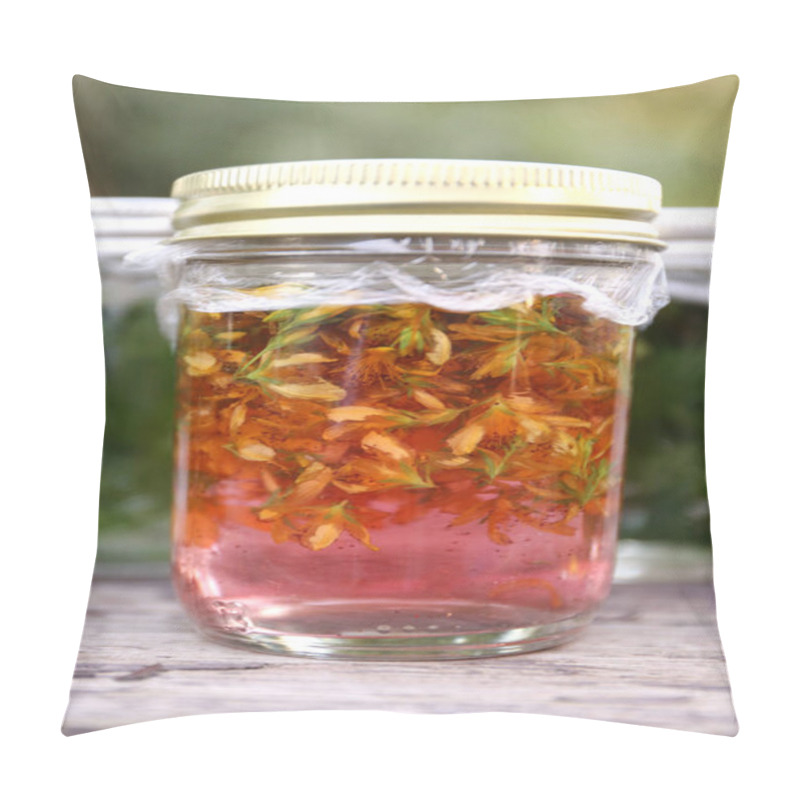 Personality  St. John's Wort Yellow Flowers Are Soacking In Alcohol To Create An Herbal Tincture For Healing. Pillow Covers