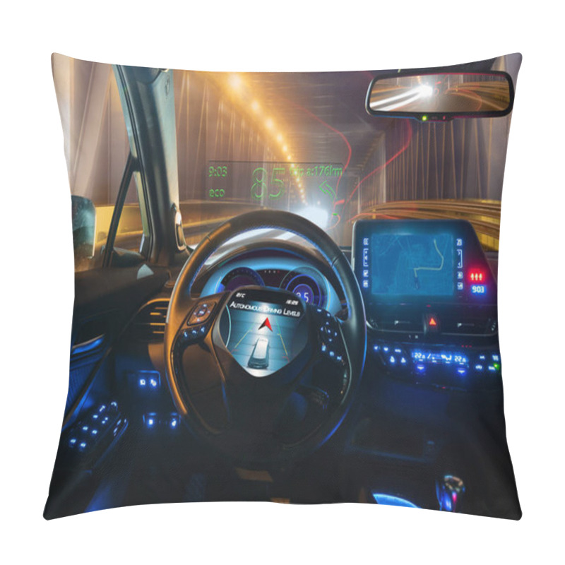 Personality  Vision Of An Autonomous Car Driving At Night In A Lighted Tunnel Pillow Covers