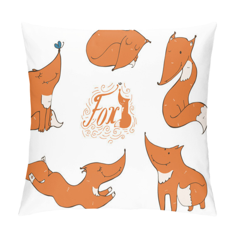 Personality  Colorful Set Of Hand Drawn Cute Ginger Foxes In Different Poses, Sleeping, Sitting, Jumping, Standing, Isolated On White Background. Vector Illustration With Lettering And Imperfections, Good For Char Pillow Covers