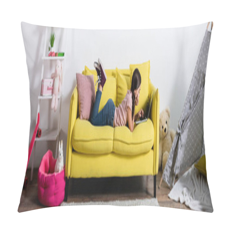 Personality  Preteen Girl Lying On Sofa And Using Laptop In Modern Living Room, Banner Pillow Covers