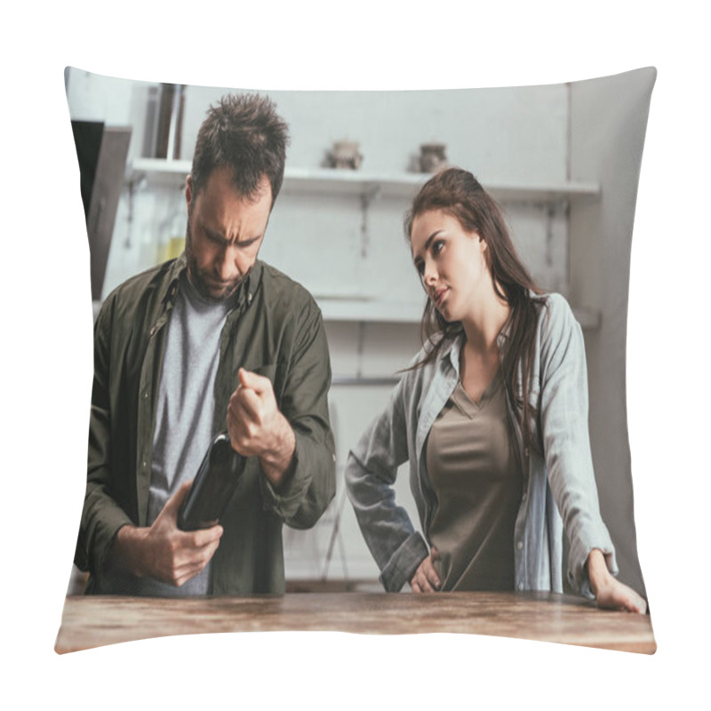 Personality  Serious Woman Looking At Husband With Wine Bottle On Kitchen Pillow Covers