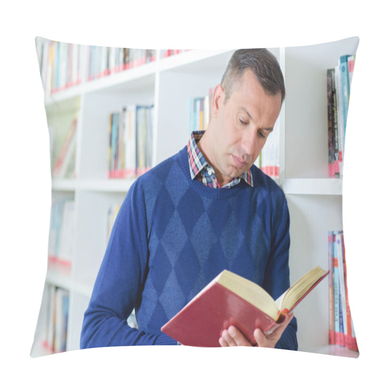 Personality  Man Stood Looking At Book In Library Pillow Covers