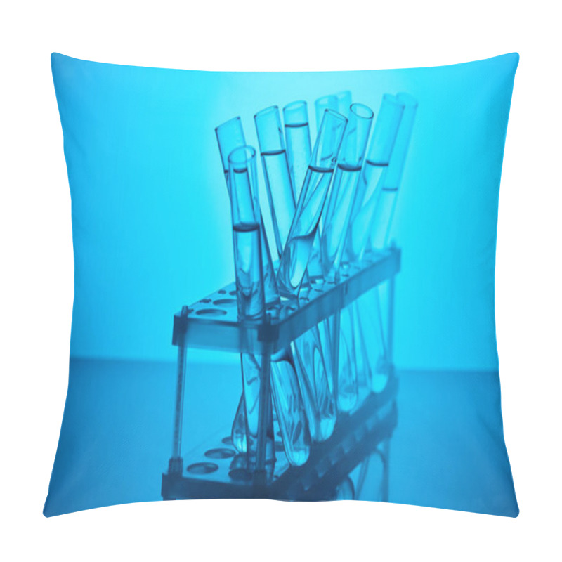 Personality  Glass Tubes With Liquid On Stand For Chemical Analysis On Blue Pillow Covers