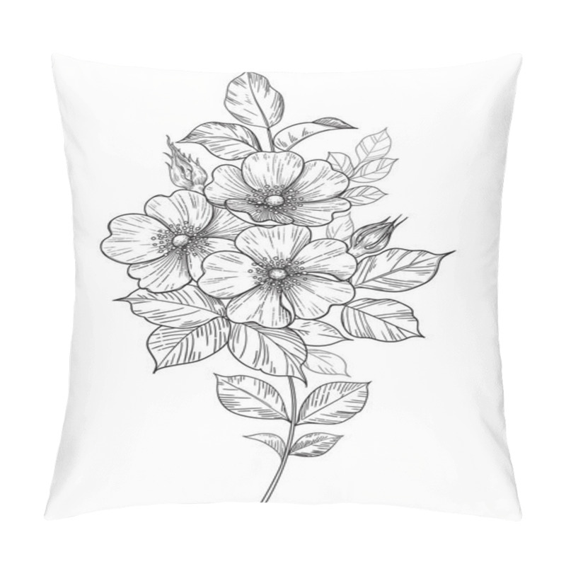 Personality  Hand Drawn Dog-rose Branch With Flowers And Leaves Isolated On White. Vector Line Art Monochrome Elegant Floral Composition In Vintage Style, Tattoo Design, Coloring Page, Wedding Decoration. Pillow Covers