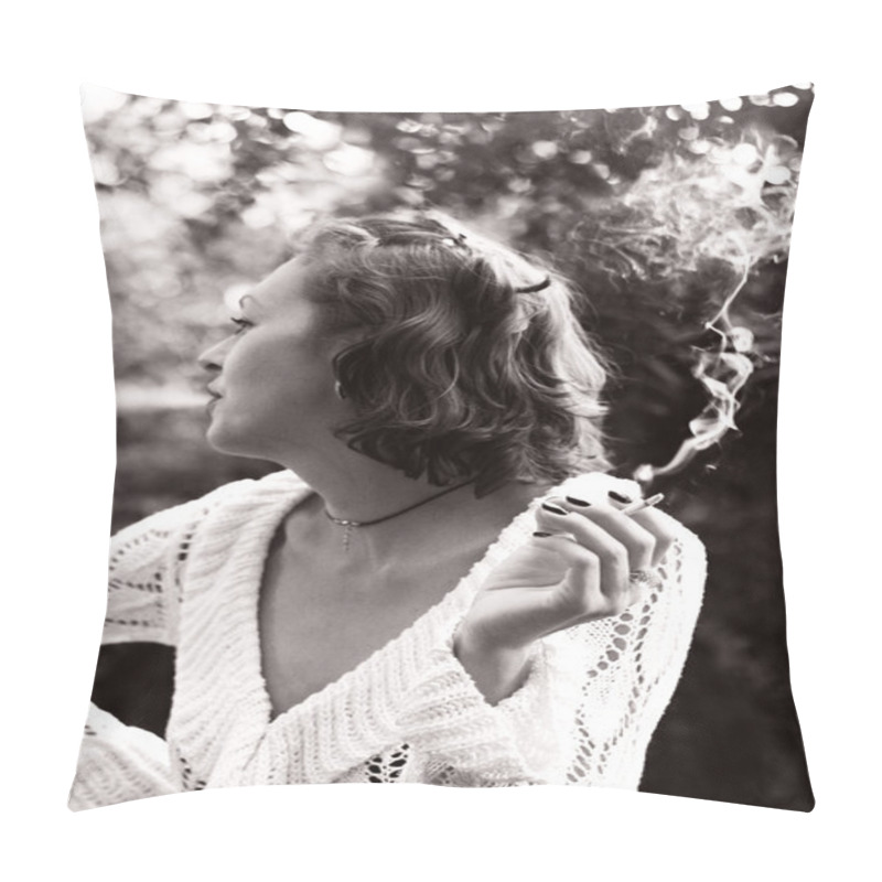 Personality  Woman Smoking In Black & White Pillow Covers