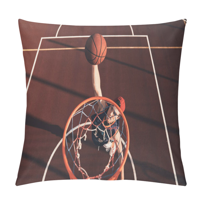 Personality  Top View Of Young Man In Sports Clothing Scoring Slam Dunk While Playing Basketball Outdoors        Pillow Covers