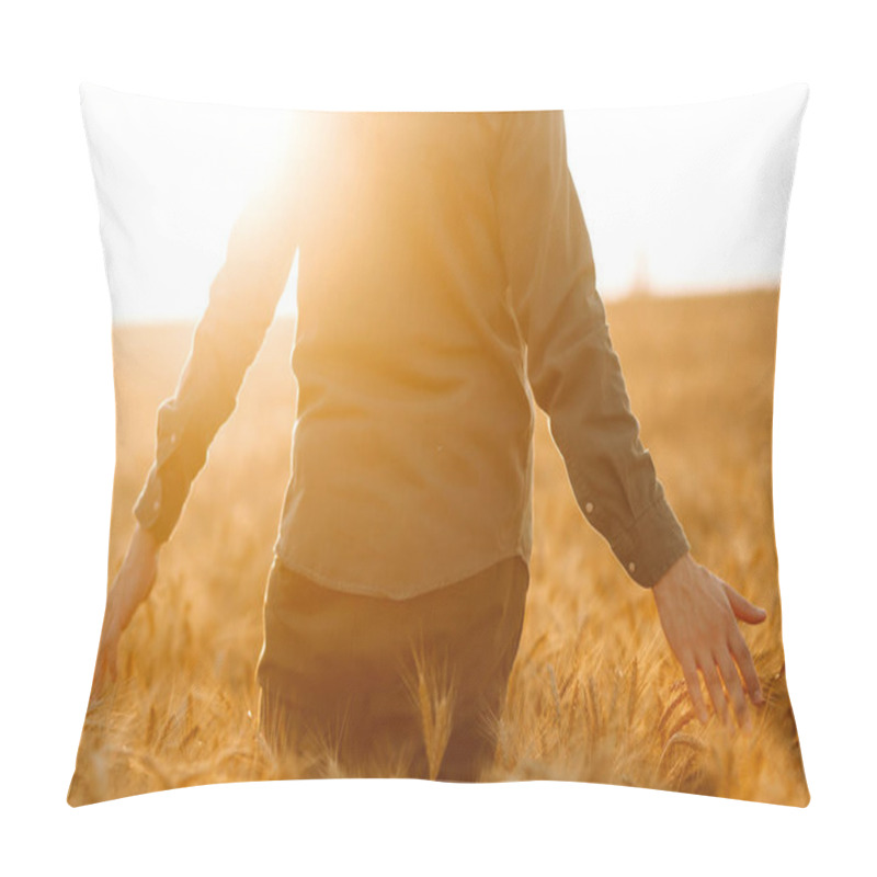 Personality  Man  In Medical Mask With His Back To The Viewer In A Field Of Wheat Touched By The Hand Of Spikes In The Sunset Light. Agricultural Growth And Farming Business Concept. Covid-2019. Pillow Covers