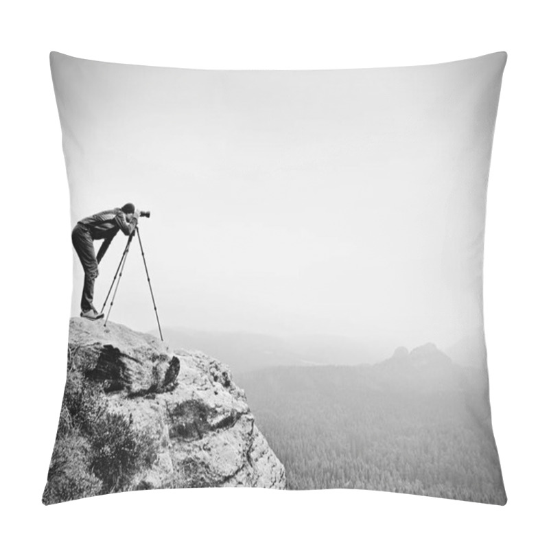 Personality  Wildlife Photographer On Mountain Summit Works. Man Like To Travel And Photography, Taking Pictures Pillow Covers