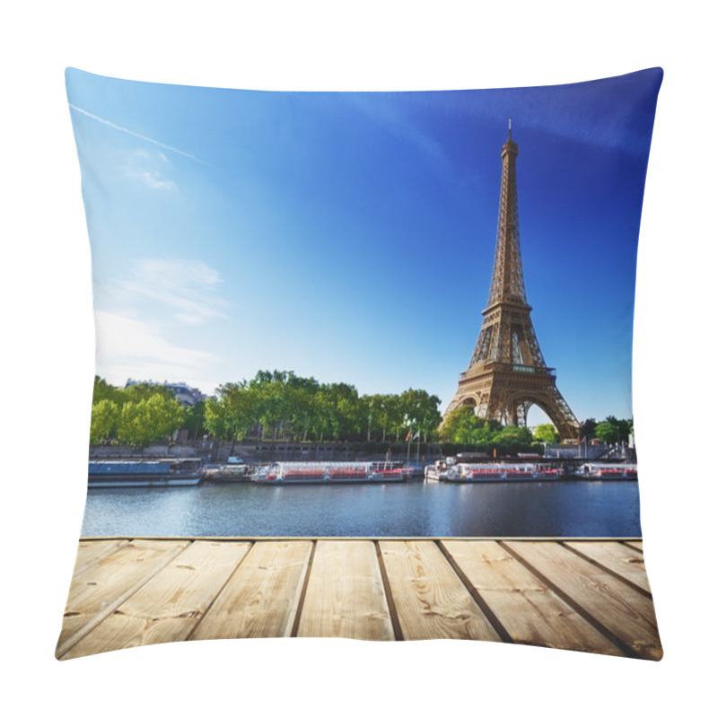 Personality  Background With Wooden Deck Table And Eiffel Tower In Paris Pillow Covers