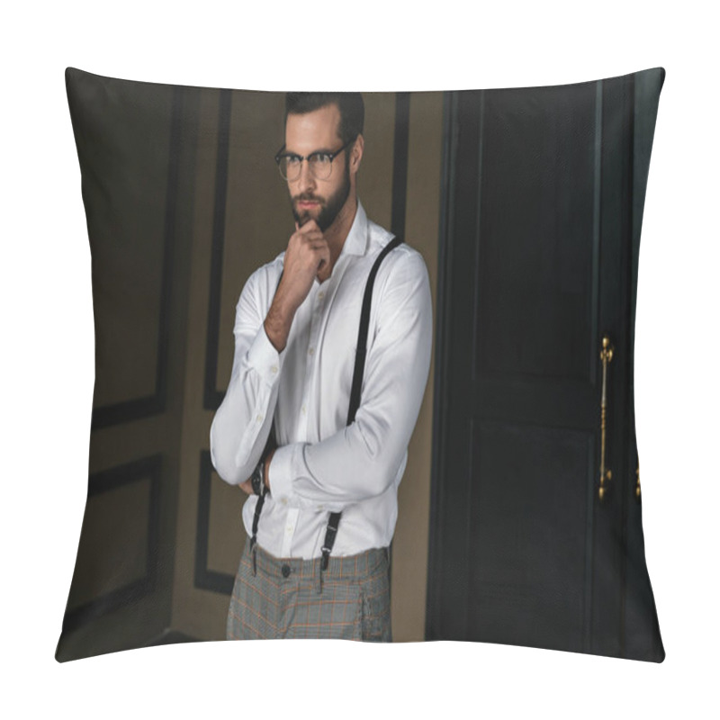 Personality  Handsome Bearded Pensive Man In White Shirt And Suspenders  Pillow Covers