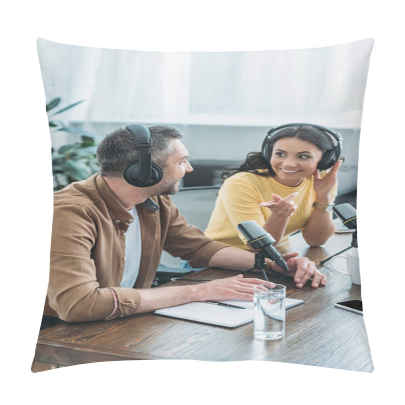 Personality  Cheerful Radio Host Pointing With Finger While Sitting Near Colleague In Broadcasting Studio Pillow Covers