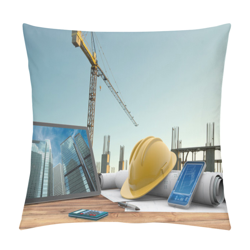 Personality  Blueprints, Safety Helmet And Computer In Construction Site Pillow Covers