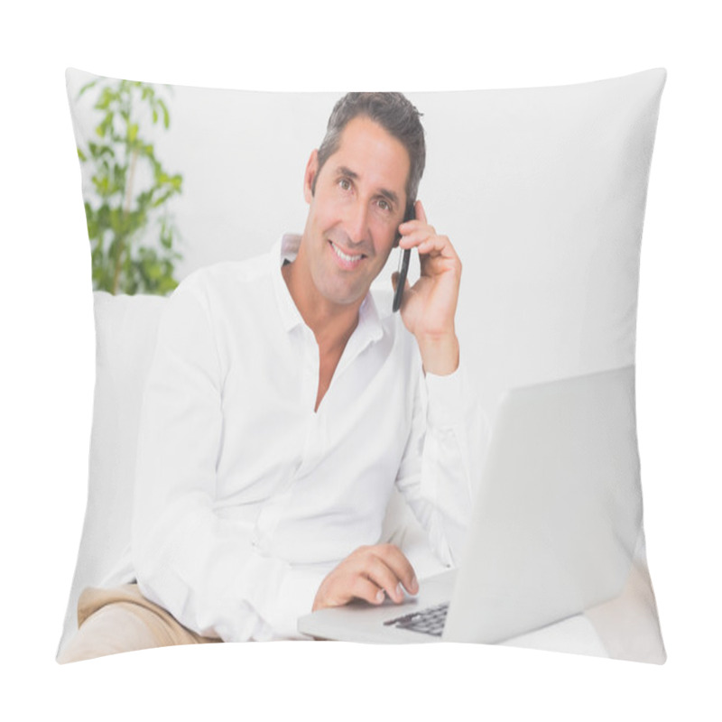 Personality  Smiling Man Using His Laptop And Phoning Pillow Covers