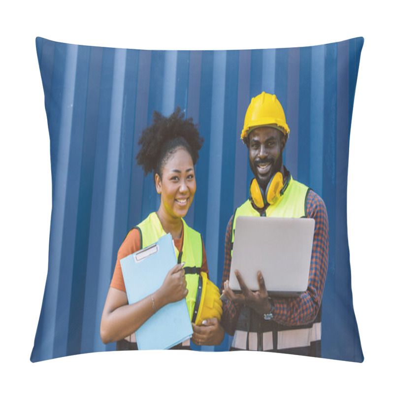 Personality  African Teen Black Woman Staff Worker Teamwork Man And Woman Team Work In Port Cargo Industry Happy Smile Pillow Covers