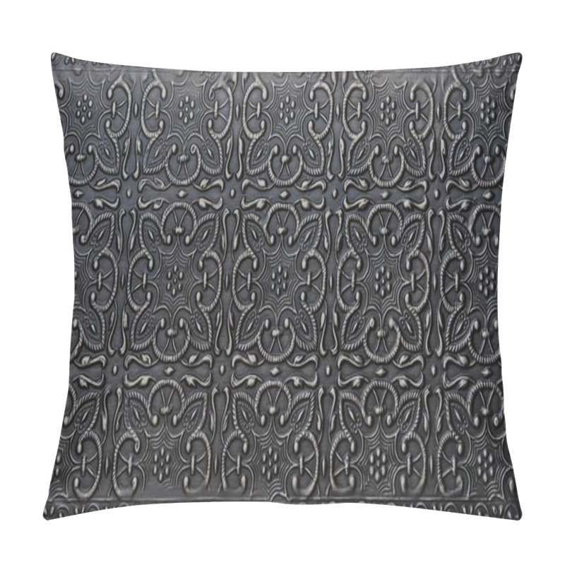 Personality  Traditional Islamic Rhythmic Arabesque Pattern In Form Of Embossing On Metal. Textured Black Silver Metal Backdrop With Intricate Carved Interlace Foliage And Flowers Elements, Decoration Chasing Art. Pillow Covers