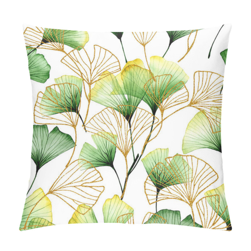 Personality  Watercolor Seamless Pattern With Tropical Ginkgo Leaves. Green And Golden Leaves On A White Background. Vintage Print, Transparent Leaves And Flowers X-ray Pillow Covers