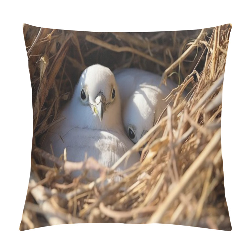 Personality  Two Fluffy White Baby Birds Nestled Together In Their Cozy Nest, Surrounded By Twigs And Straw. Pillow Covers