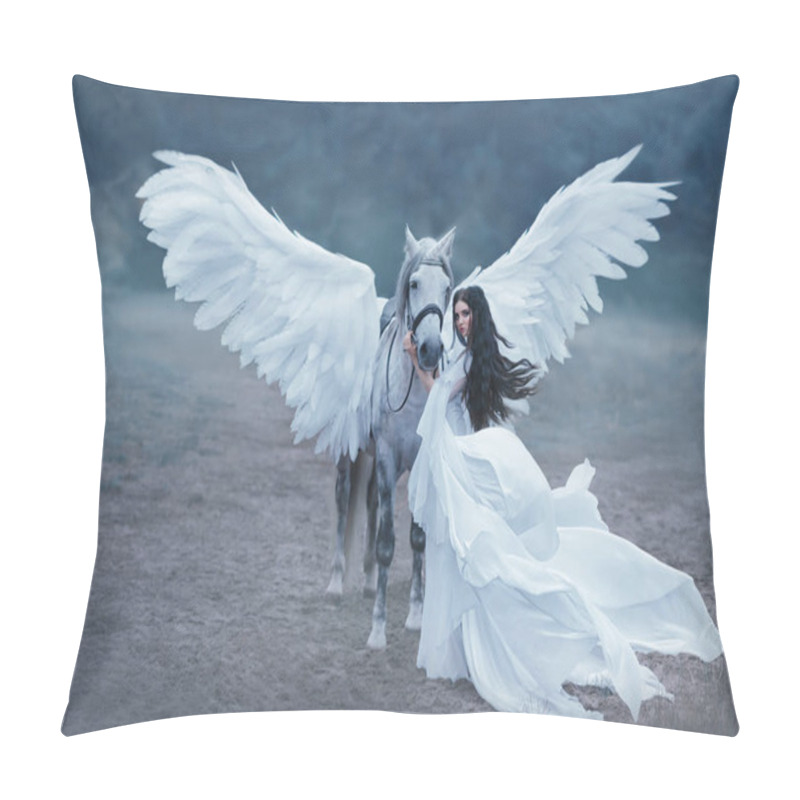 Personality  Beautiful, Young Elf, Walking With A Unicorn. She Is Wearing An Incredible Light, White Dress. Art Hotography Pillow Covers