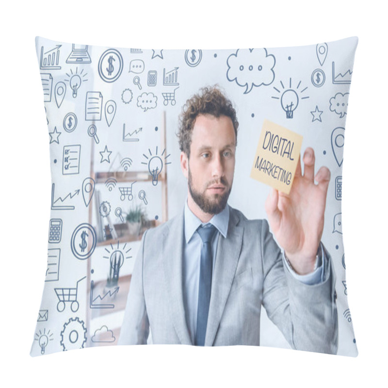 Personality  Businessman Point At Sticky Note Pillow Covers