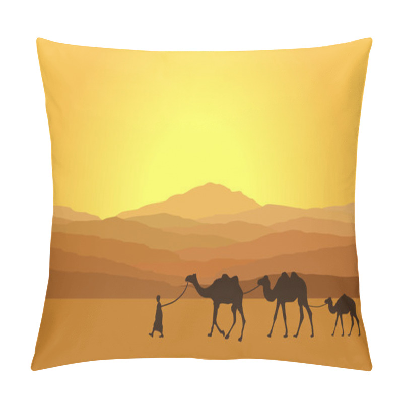 Personality  Caravan With Camels In Desert With Mountains On Background. Vector Illustration Pillow Covers