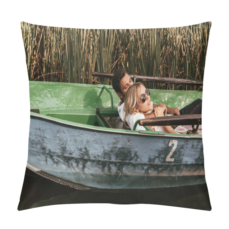 Personality  Young Couple Relaxing In Boat On River Near Thicket Of Sedge Pillow Covers